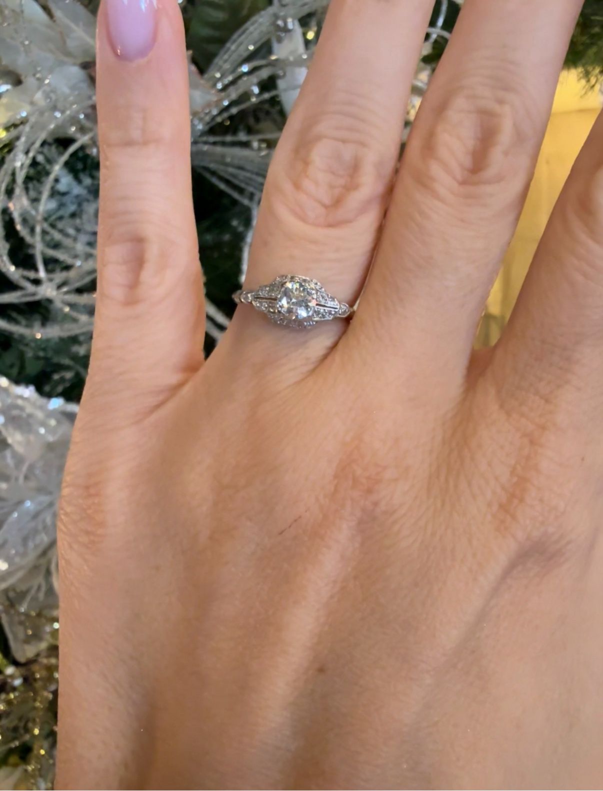Platinum Art Deco Ring With Natural Old Euro Cut Diamonds