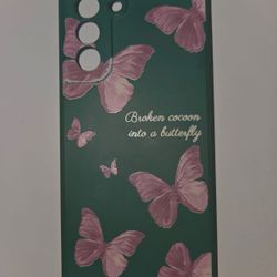 Green Phone Case With Pink Butterflies, Slightly Used, Flexible, Durable, And Cheap