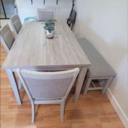 ✅️✅️ 6 pc light finish wood dining table set padded seat chairs and bench ✅️✅️