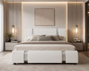 Queen bed Platform Bed Frame with Iron Pieces Decor and Adjustable Headboard/Deluxe Upholstered Modern Bed with Solid Wooden Slats Support/No Box Spri