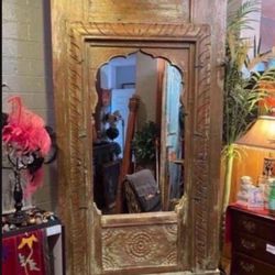 Antique Large, Beautiful Carved Wood Mirror With Metal Base Standing