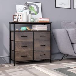 Double Dresser for Bedroom, Wooden Storage Cabinet Nightstand with 6 Foldable Fabric Drawers, Dark Brown