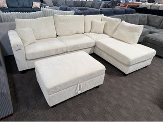 New cream sectional w/ storage ottoman