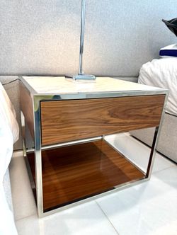 Modern Designer Marble & Chrome Side Table / Nightstand  