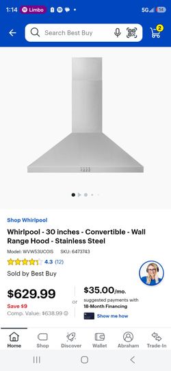 Whirlpool 30inch wall Range Hood