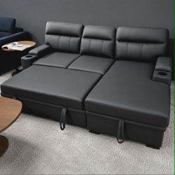 91" Black Performance Fabric Sleeper Sectional Sofa Chaise with Storage Arms and Cupholder