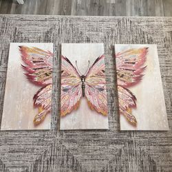 3-Piece Pink Butterfly Painting