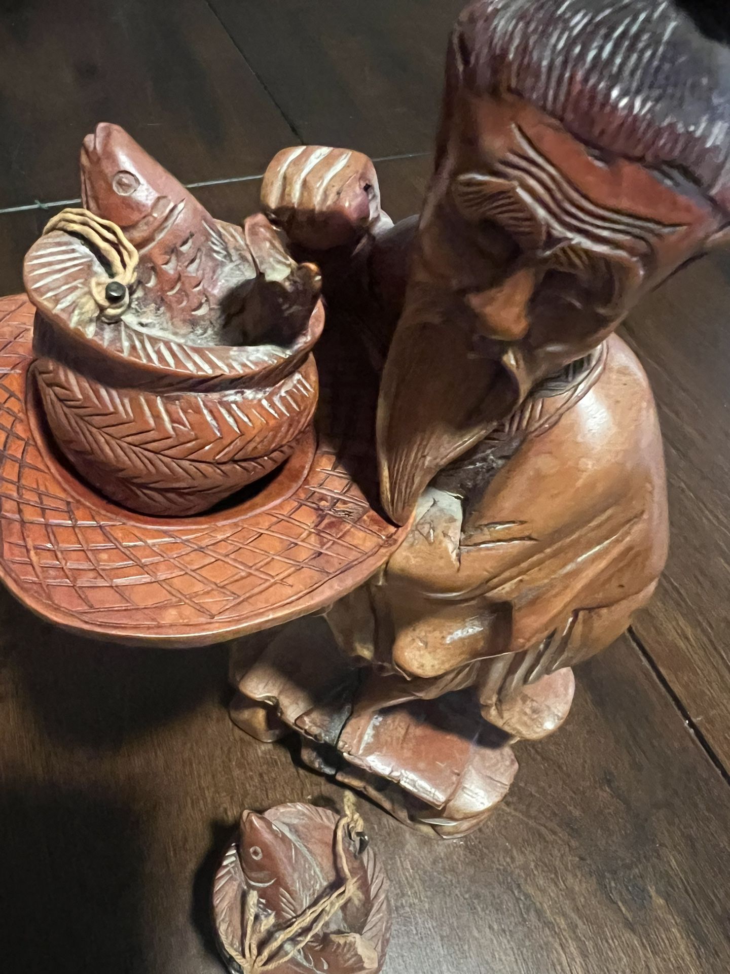 Collectible Japanese Carved Fisherman Statue