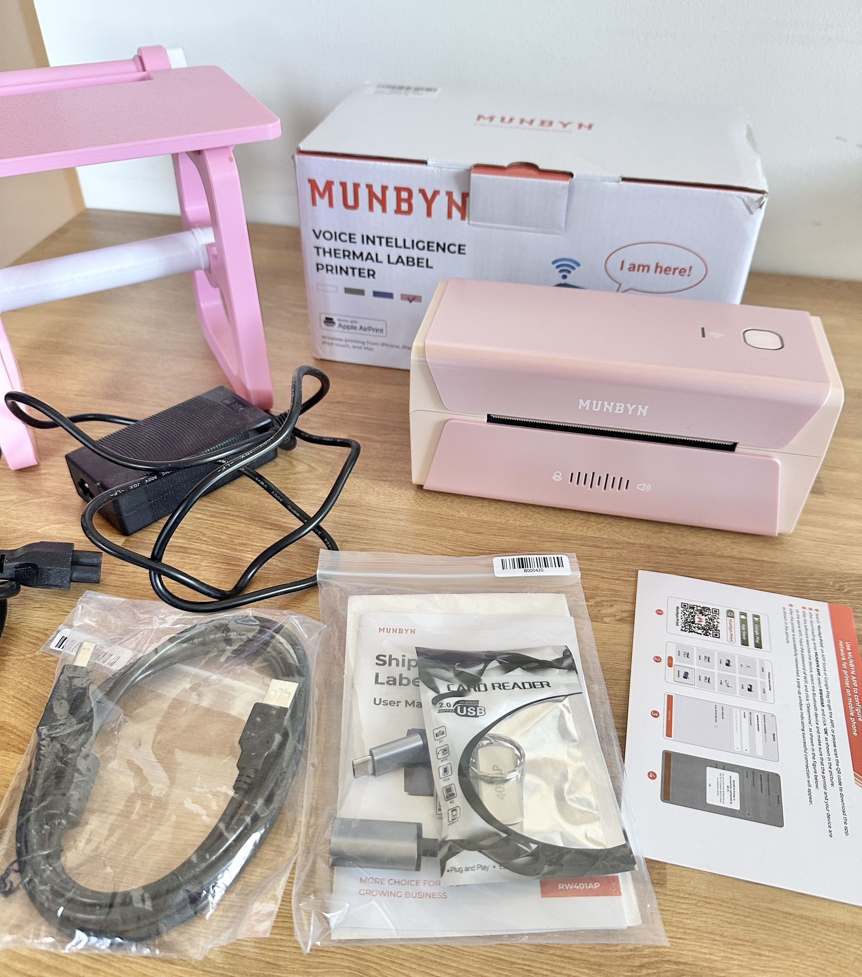 MUNBYN RealWriter 401AP Pink Apple AirPrint Wireless Thermal Label Printer & Stand