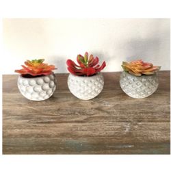 3x new handmade mini cement succulent planters with faux succulents.  