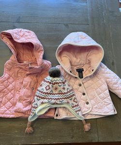 12 Month Girls Jacket, Quilted Vest And Beanie 
