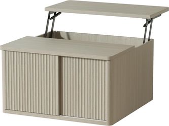 Modern Square Coffee Table, 31.5" Fluted Lift Top, Adjustable Shelves & Sliding Door-Light Grey Oak