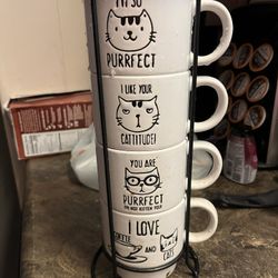 Kitty Coffee Mugs W/holder