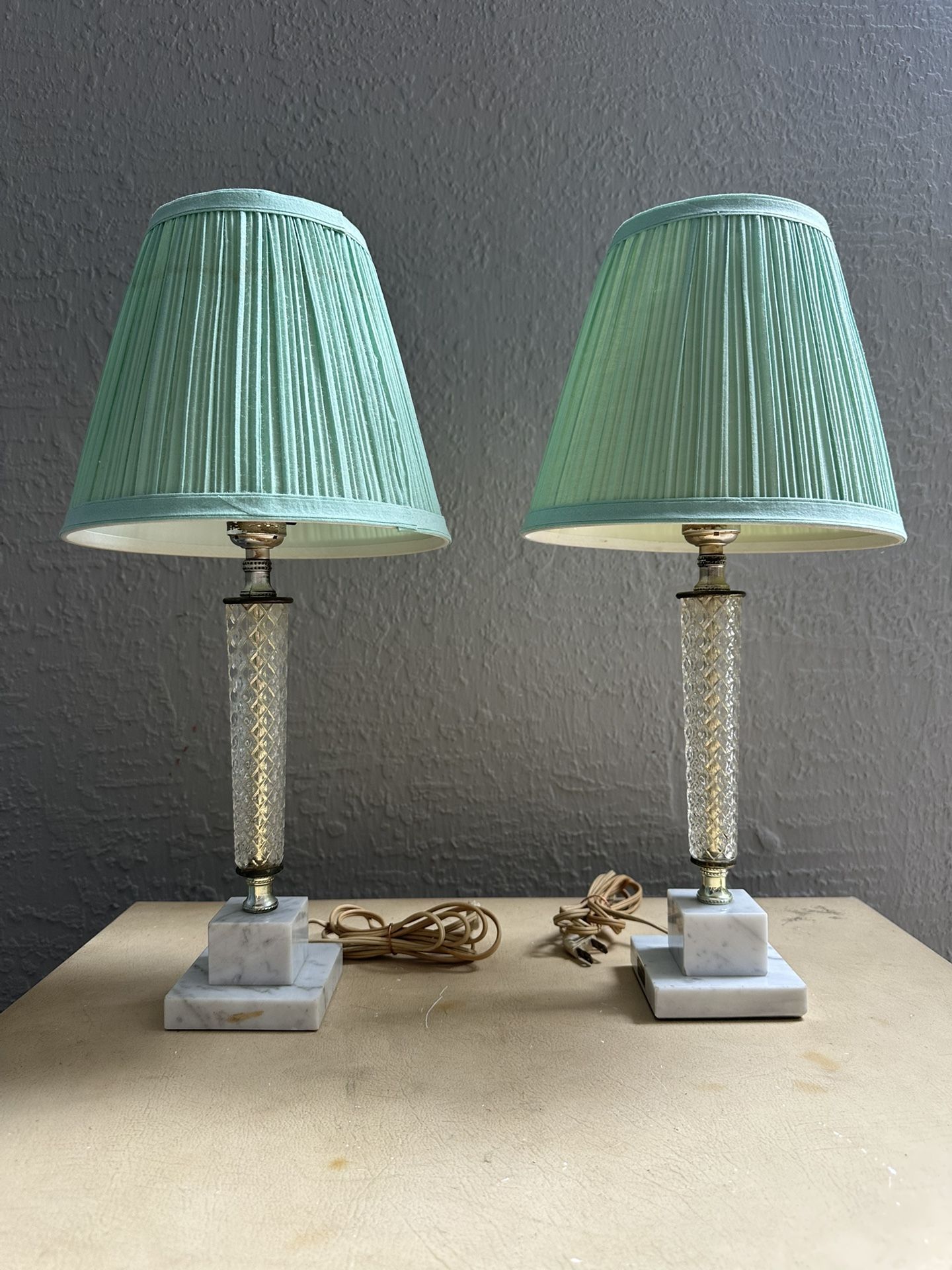 Vintage Italian Cut Crystal Marble Boudoir Buffet Table Lamp Pair