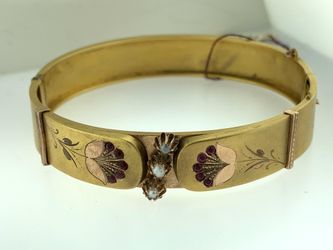 Antique Victorian 14Kt Rose Gold Hinged Bangle Bracelet Rubies & Pearls ~C. 1870