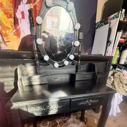 Black Vanity With Studio Lights And Matching Stool