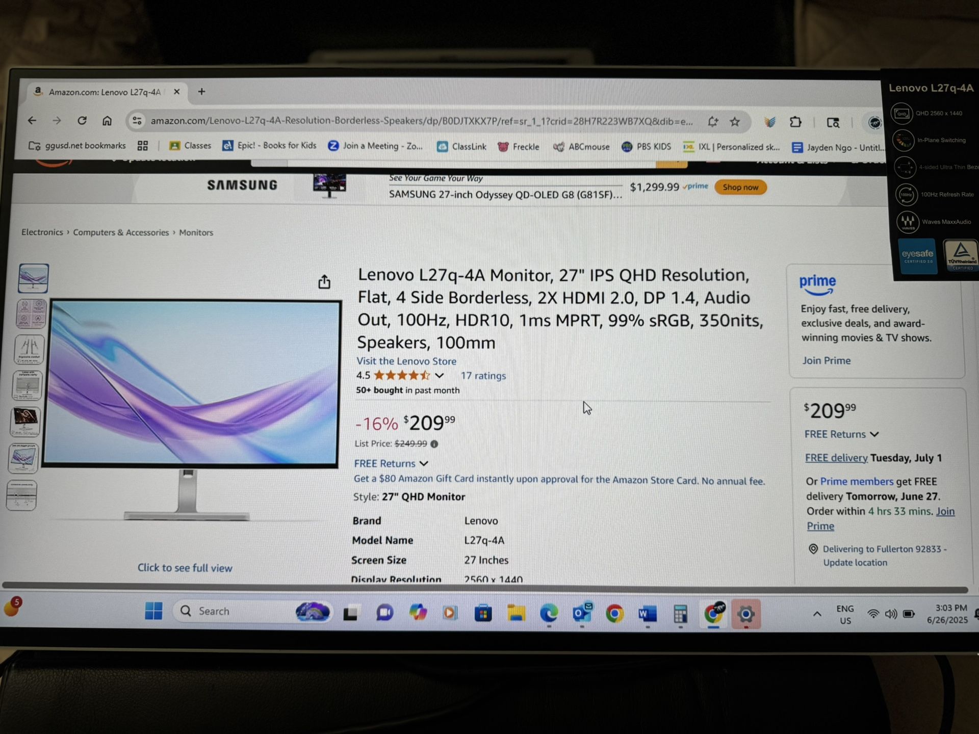 Lenovo L27q-4A Monitor, 27" IPS QHD Resolution, Flat, 4 Side Borderless, 2X HDMI 2.0, DP 1.4, Audio Out, 100Hz, HDR10, 1ms MPRT, 99% sRGB, 350nits, Sp