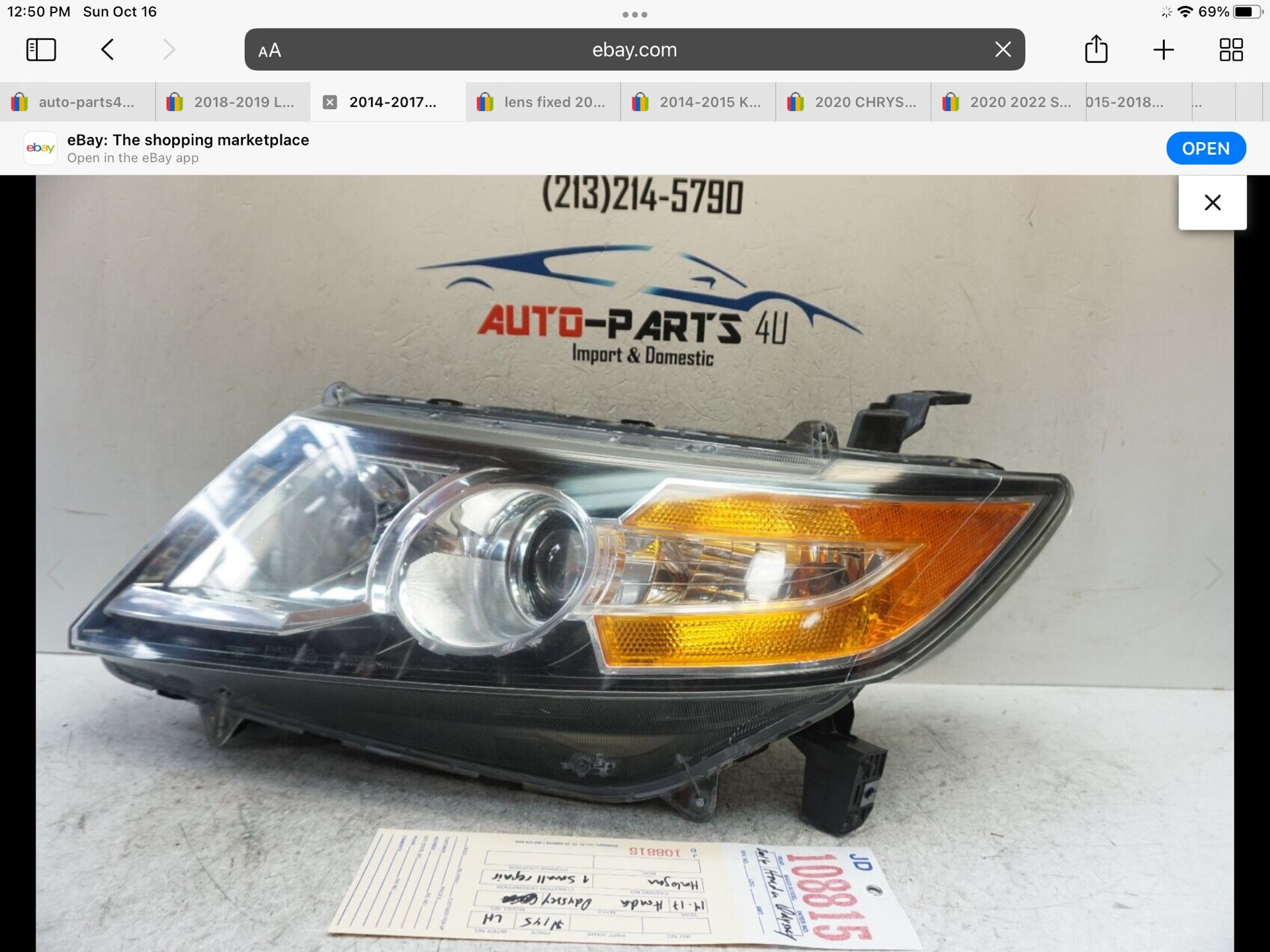2014-2017 HONDA ODYSSEY LEFT DRIVER HALOGEN HEADLIGHT 2015 OEM JD108815