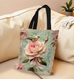 Floral Bird Print Canvas Tote Bag