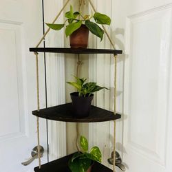 3 Tier Floating Rope Corner Wall Shelf Wood Plant Stand Display Foldable Shelf
