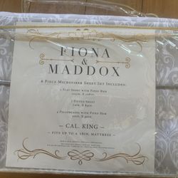 New Cal King Sheets W/4 Pillow Cases  Grey/white  