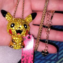 NWT & Box  Betsey Johnson Rhinestone Pikachu Necklace 