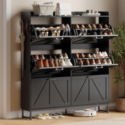 Shoe Cabinet with 6 Flip Drawers, Freestanding Hidden Shoe Storage Organizer for Entryway, Narrow Slim Shoe Rack Cabinet with Open Storage & Hooks for