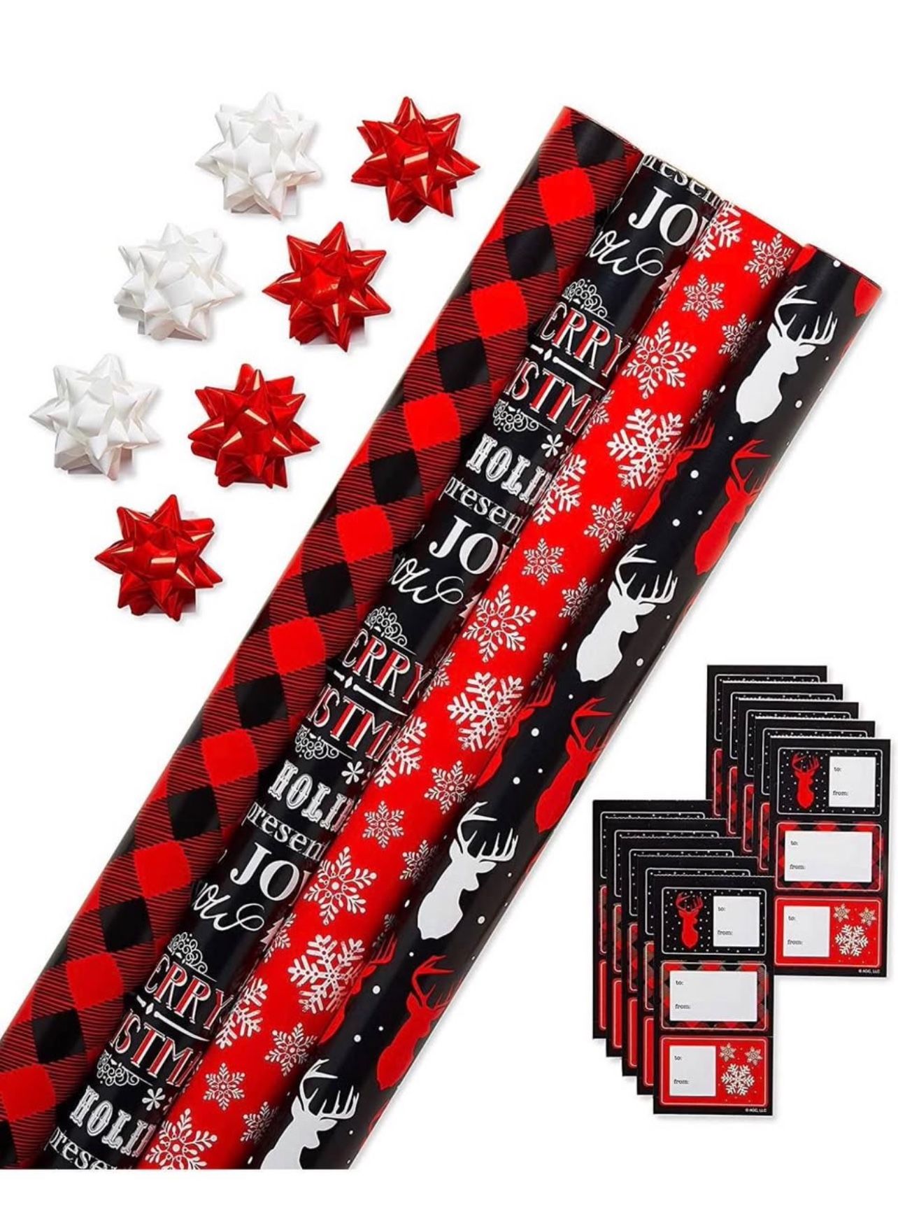 Brandnew Christmas Wrapping Paper Set with Cut Lines, (4 Rolls, 7 Bows, 30 Gift Tags, 120 sq. ft.)