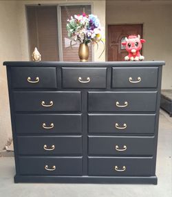 11 Drawer Solid Pine Dresser- Black with Gold