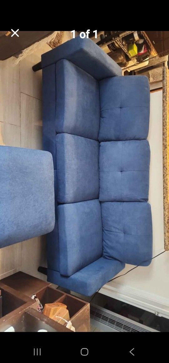 Royal Blue Textured Microfiber Sofa With Ottoman