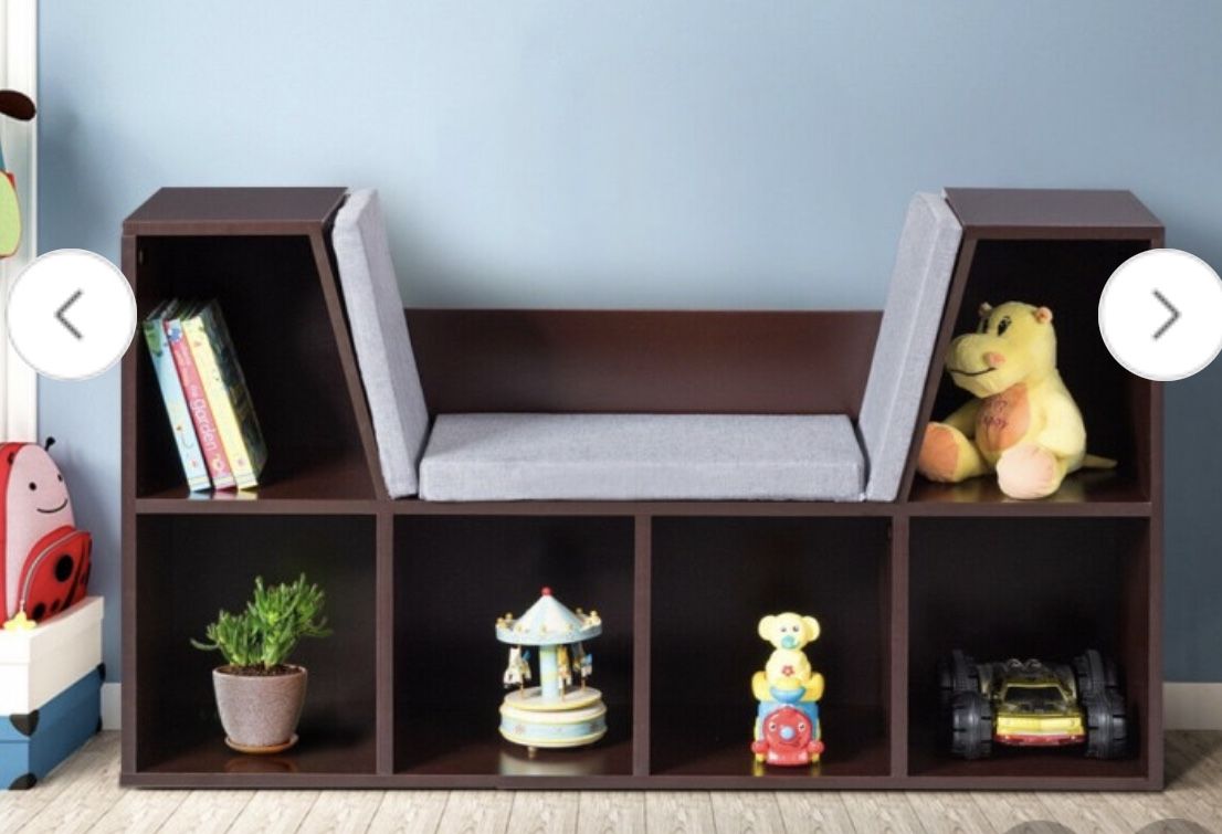 6-Cubby Kid Storage Bookcase Cushioned Reading Nook- Costway