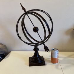 Vintage Cast Iron Armillary Globe Sphere on Base w/ Arrow Through Moving Circles 🔻Sundial  