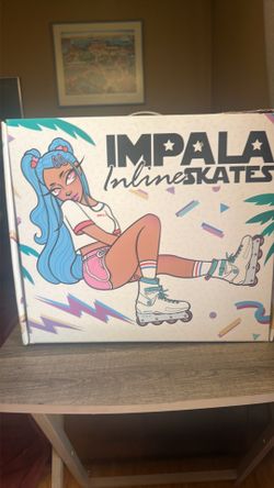 Impala Roller Blades, light speed incline, white with blue/teal details, size 6