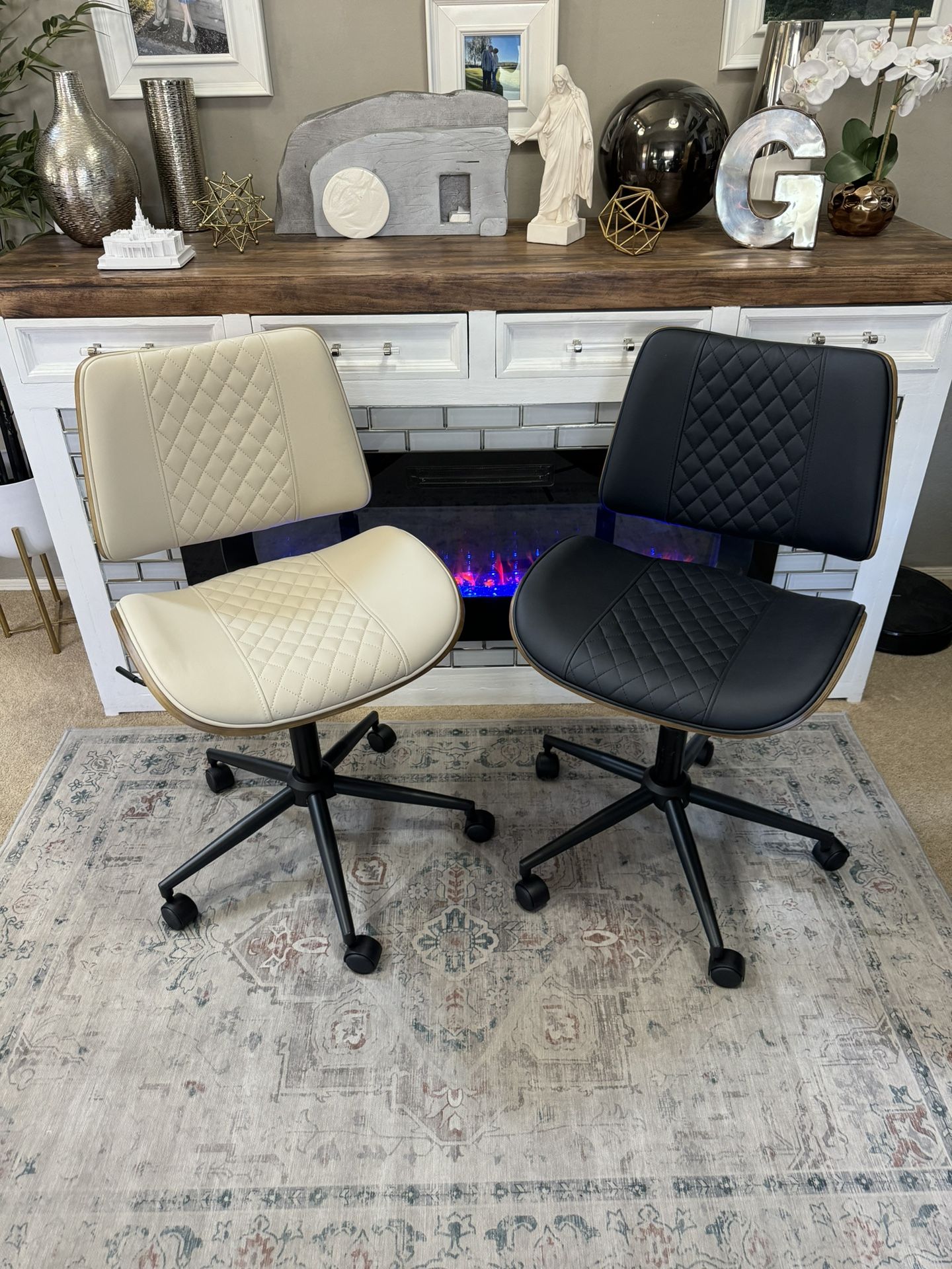 Desk Chair Armless Office No Wheels,PU Leather Padded Swivel