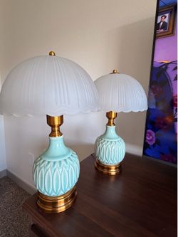 Vintage Pair of Turquoise Ceramic Table Lamps with Brass Accents & White Scalloped Milk Glass Shades