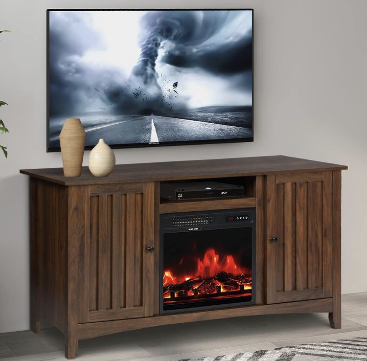 55" TV Stand with Remote Control Fireplace - Featured TV Stand, Wooden Media Entertainment Center Console Table for Living Room, Classic Fluted Door T