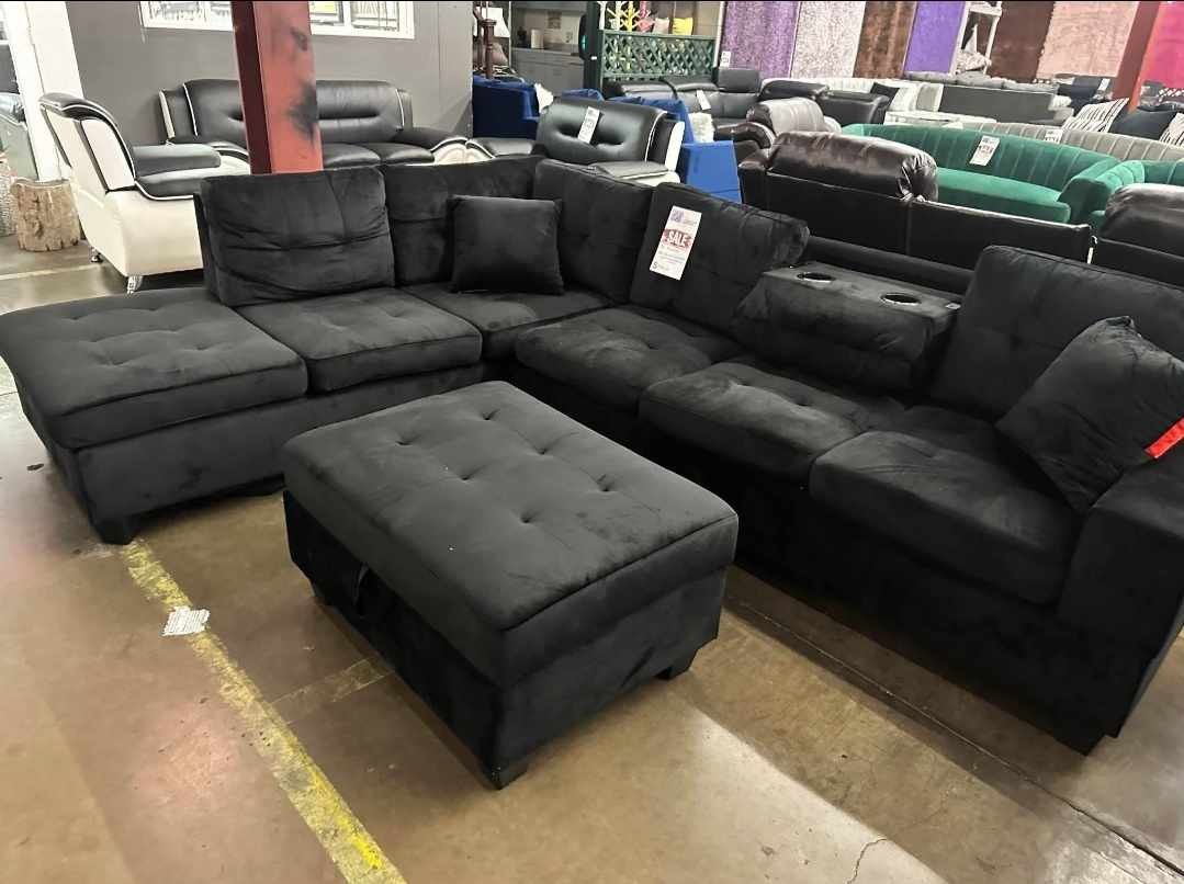 Brand New Black Velvet Sectional Sofa With Storage Ottoman 