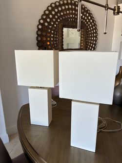 Pair of White Modern Table Lamps. Leather base.