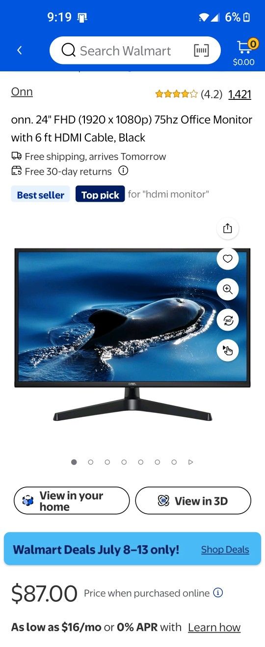 $60 OBO! "Pristine Cond." Onn 24" FHD (1920x1080p) 75hz Office Monitor w/ 6 ft. HDMI Cable (Black)
