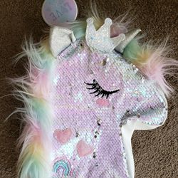 NEW-Unicorn Sequin Child/Backpack,White/Pink -Interior-Fluffy Colorful Fur-like,by:Love To Be Cool, 11x9, Asking $10