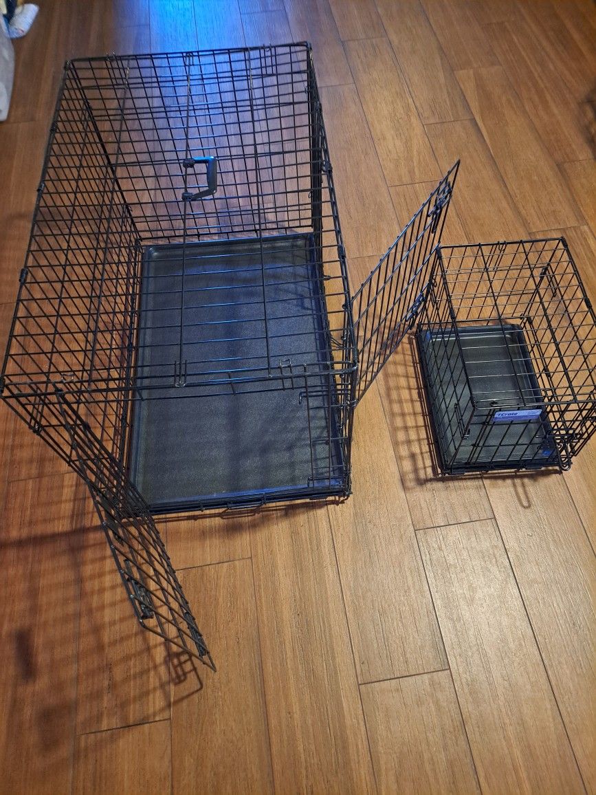 I have 1 large Dog crate it was used 1 time.
It is high quality, sturdy and has double doors. 36" long 25" tall 22" wide. $50.
Small crate is 18" lo