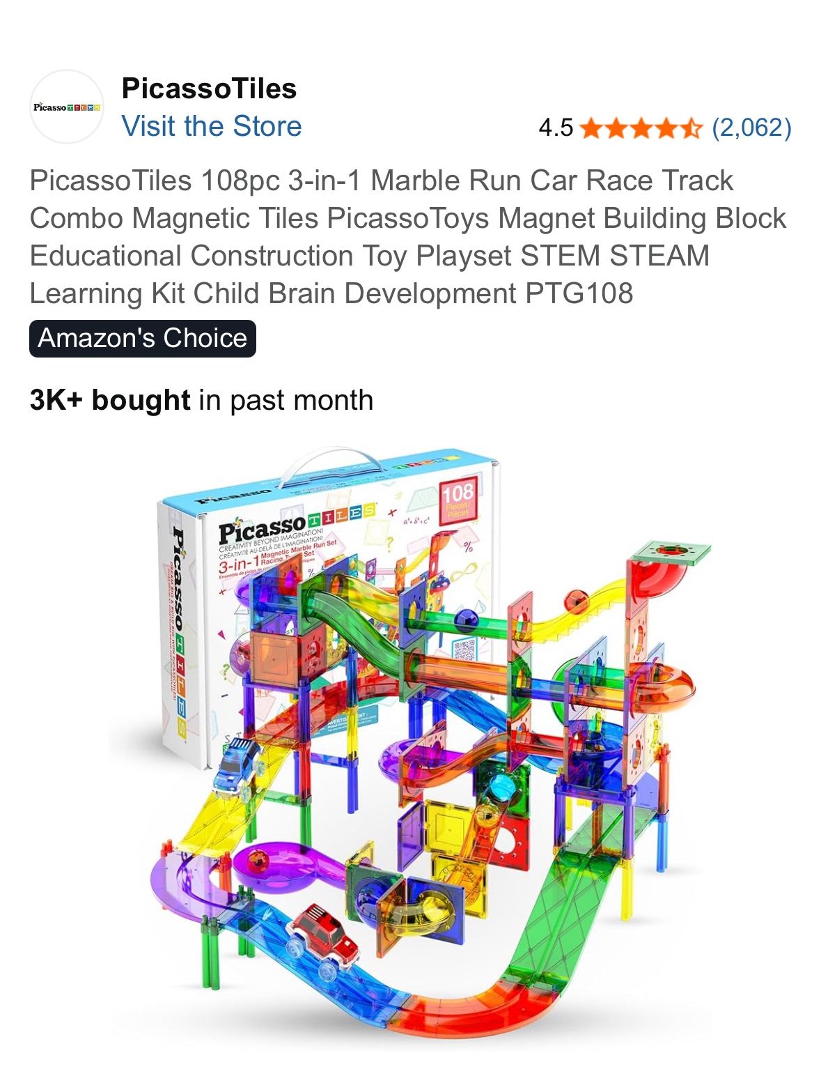 PicassoTiles 108pc 3-in-1 Marble Run Car Race Track Combo Magnetic Tiles PicassoToys Magnet Building Block Educational Construction Toy Playset STEM S