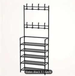60cm Deluxe Metal Coat Rack and Shoe Organizer - Sturdy Freestanding Design with Ample Double Hooks and Spacious Storage Shelves - Perfect for Organiz