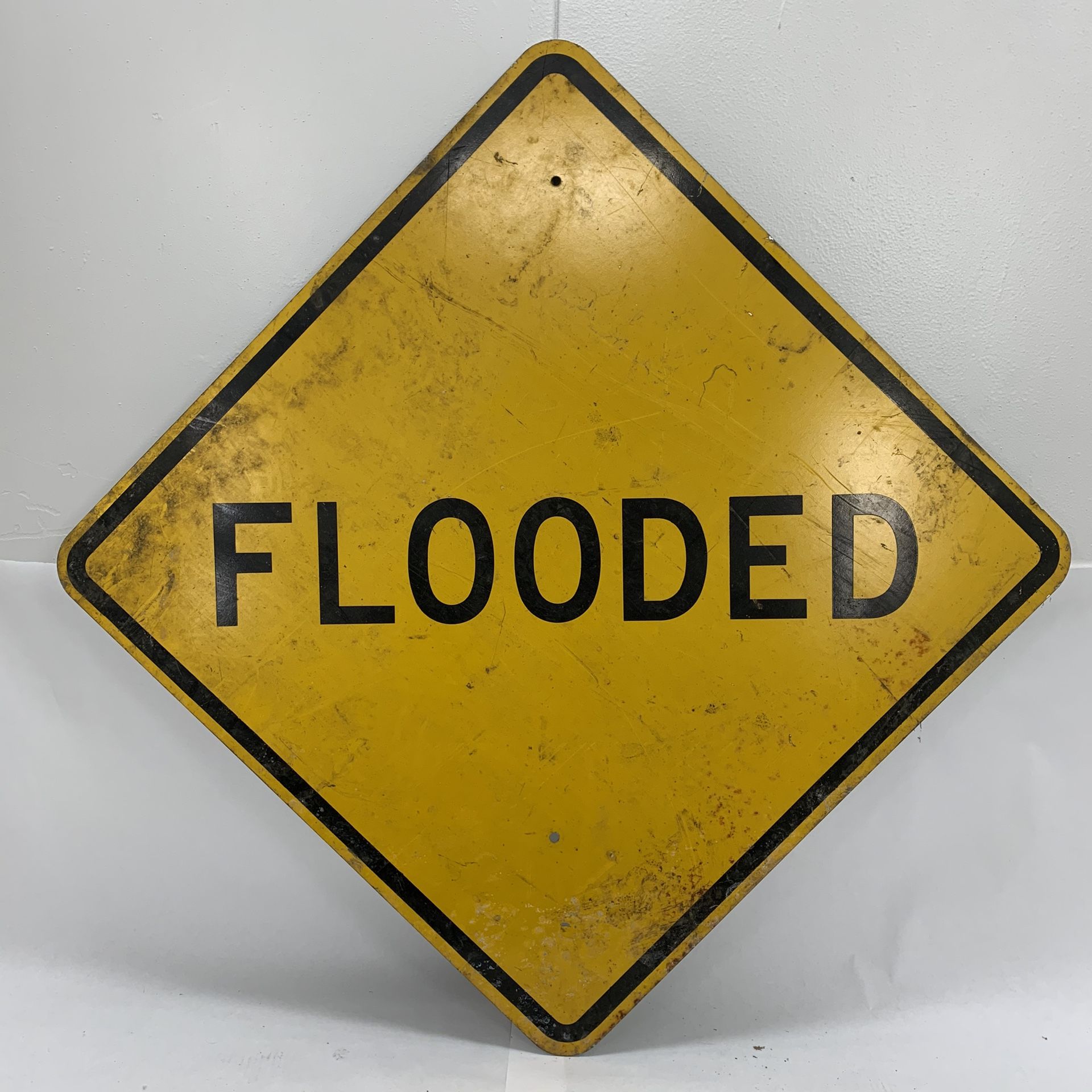 Vintage real retired aluminum FLOODED sign. Measuring 30”x30”