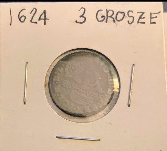 1624  midevil Polish silver 3 grozy coin, great condition antique European coin, authentic colonial Era coin