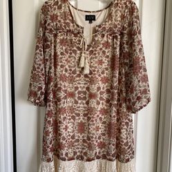 👗 Like-New Boho Floral Lace Tunic Lined Brown Orange Tie Neck Peasant Dress