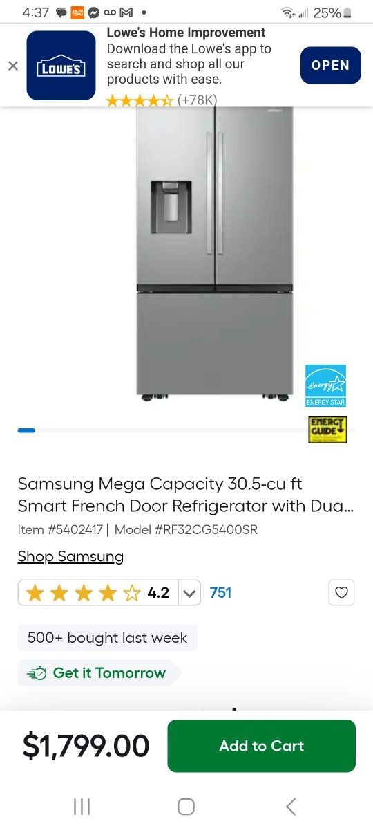 Samsung Smart Stainless Steel French Door Refrigerator With Ice Dispenser