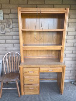 Oak desk with lighted hutch and chair