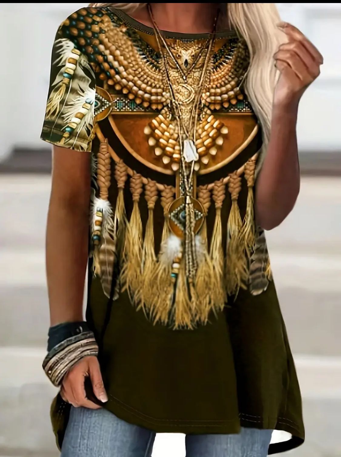 Ethnic Graphic Print Tunic Top - Comfortable Crew Neck,Vintage Hippies Hip Hop .full 3D Printed