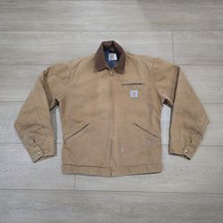 Vintage USA Made Carhartt Detroit Jacket Men's Small/Medium Faded Stain Distressed Tan 90s blanket
